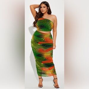 Pre-Loved One-Shoulder Green & Orange Printed Midi Skirt Set